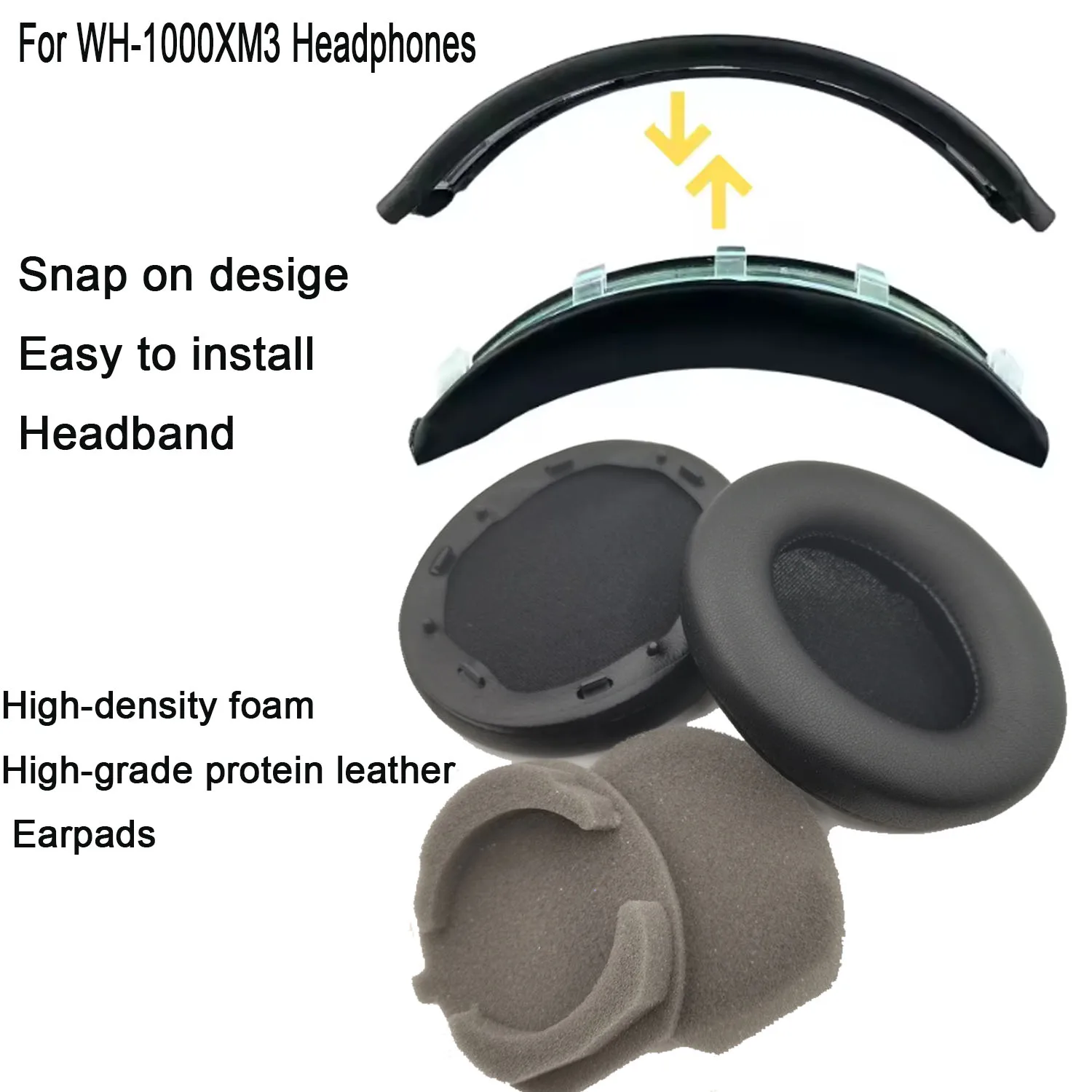 WH1000XM3 Einfach zu installierende Snap-On-Kopfband-Ohrpolster für Sony WH-1000XM3 Kopfhörer, Ersatz-Kopfband, Kopfband, Ohrpolster Image