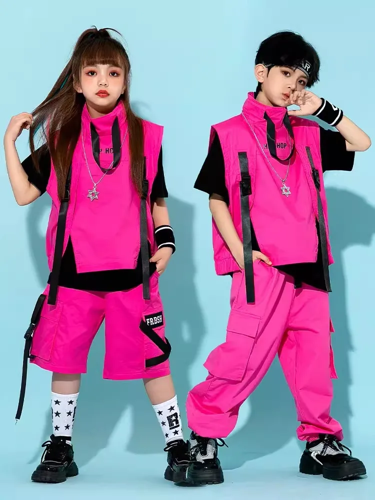 Kinder Hip Hop Kostüm Jungen Mädchen Jazz Dance Mode Kleidung Rosa Weste Hosen Street Dance Trommel Bühne Leistung Tragen BL10929