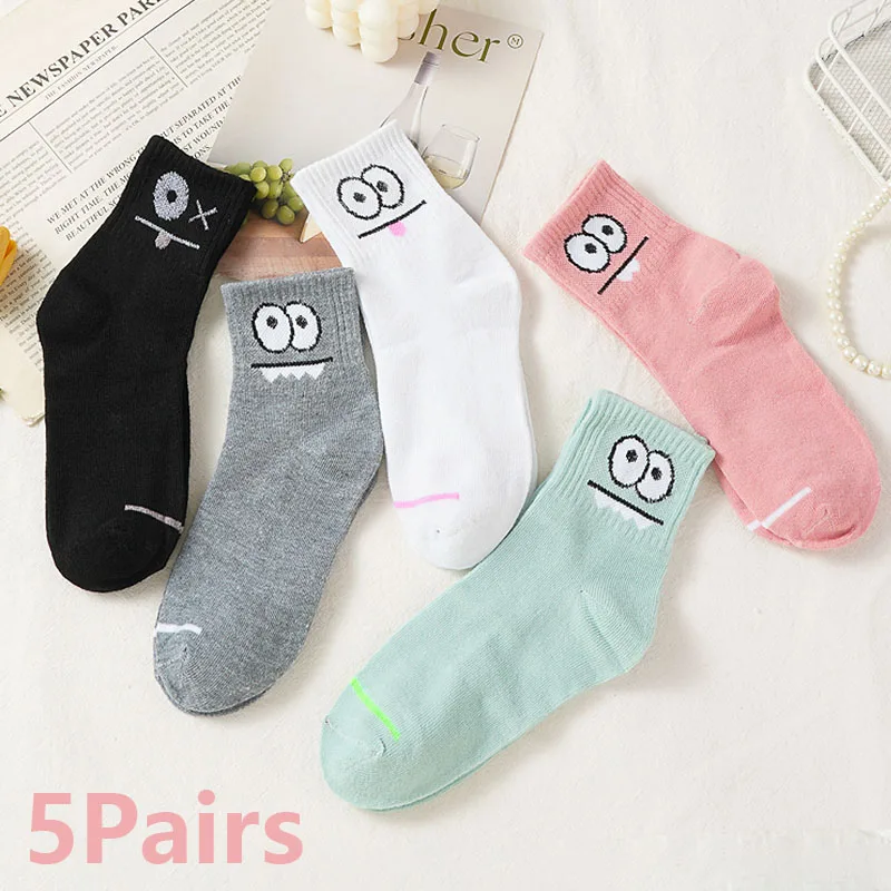 5 Paar süße Cartoon-Socken mit großen Augen und mittlerer Wade für Damen, atmungsaktiv, bequem, lustiger Aufdruck, Socke für Studenten, Freizeitsocken Image