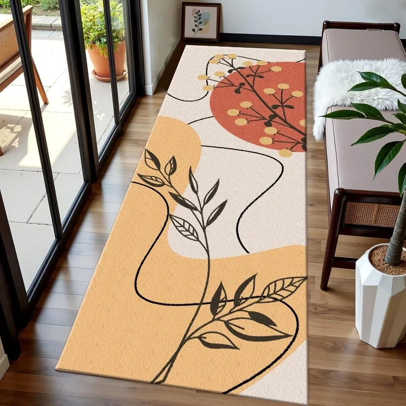Pflanzenthema-Läufer-Teppich, abstrakte Geometrie, weiche, rutschfeste Matte, moderner, minimalistischer Heimdekor-Teppich für Flur, Wohnzimmer, Schlafzimmer Image