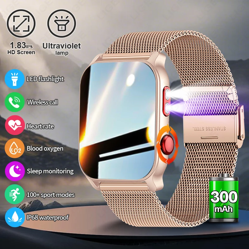 LIGE Smartwatch Outdoor Taschenlampe Militärische Wasserdichte Intelligente Uhr Männer Herz Rate Sport Fitness Uhren BT Anruf Smartwatch Frau Image