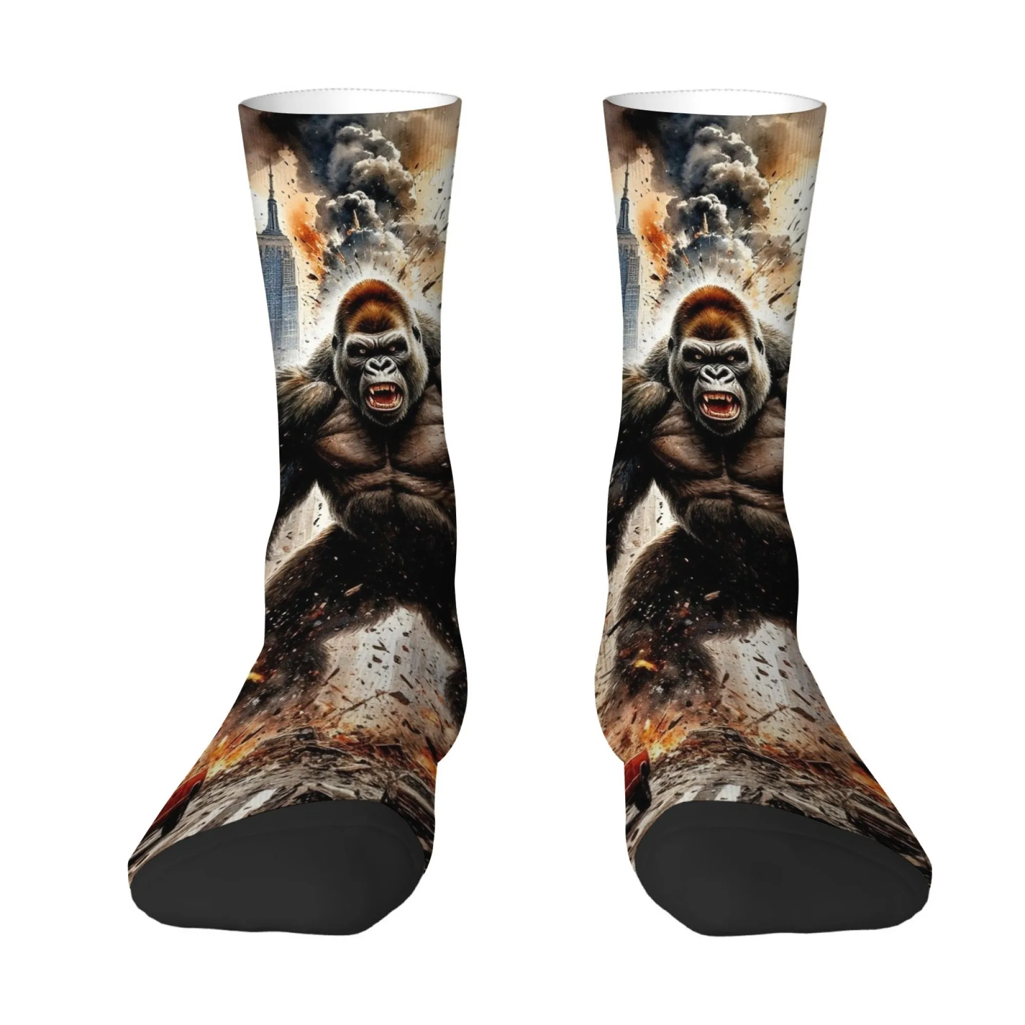 Gorilla Destroys City Neuheit Herrensocken Harajuku Retro-Stil Crazy Street Hip-Hop Lustige Socken Lässige Mode Sportsocken Geschenk