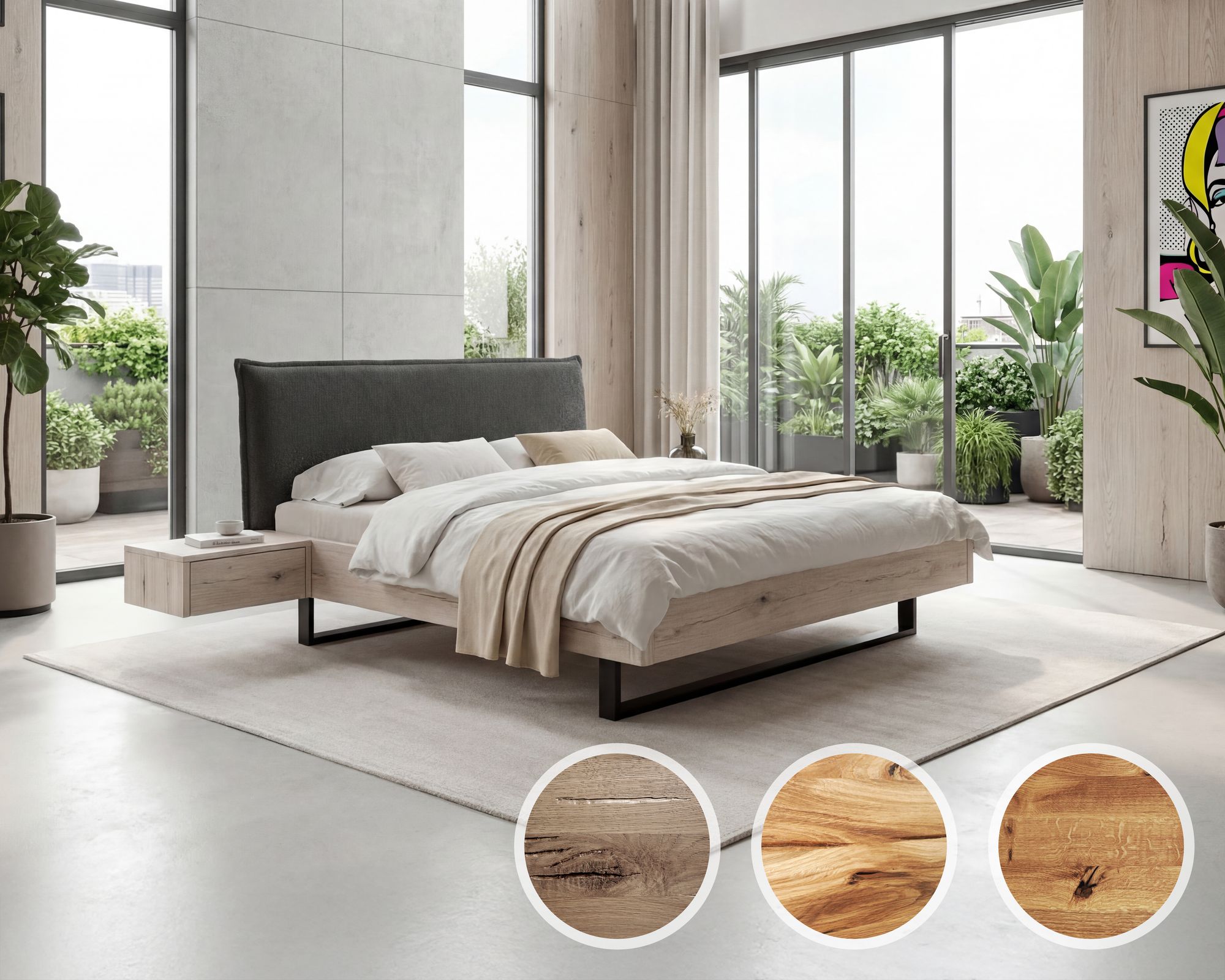 BlackWood »Nova Vita Contour III« Wildeiche Massivholzbett 160x220 cm / Wildeiche stone / Boucle Anthrazit Image