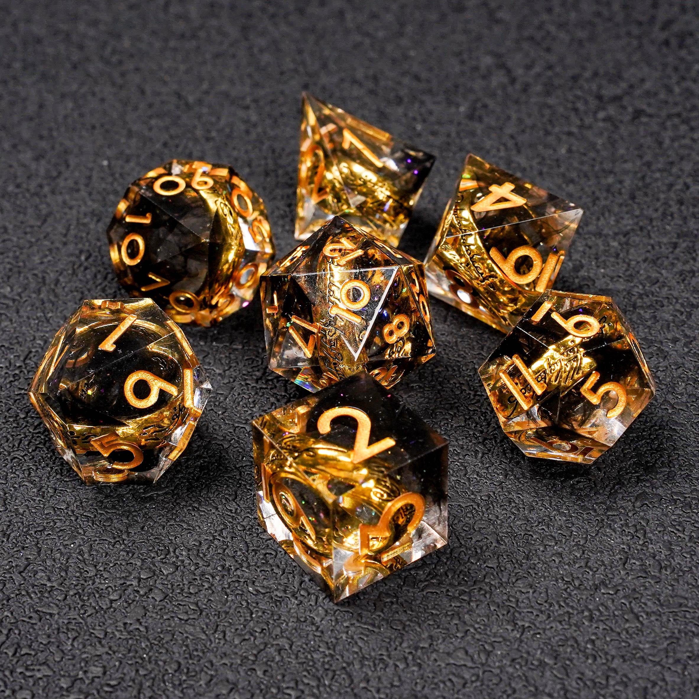 Dadi magici, dadi fatti a mano, set di dadi, dadi D&D, dadi con bordi taglienti in oro nero, set di dadi D&D, dadi per giochi di ruolo, set di dadi TT