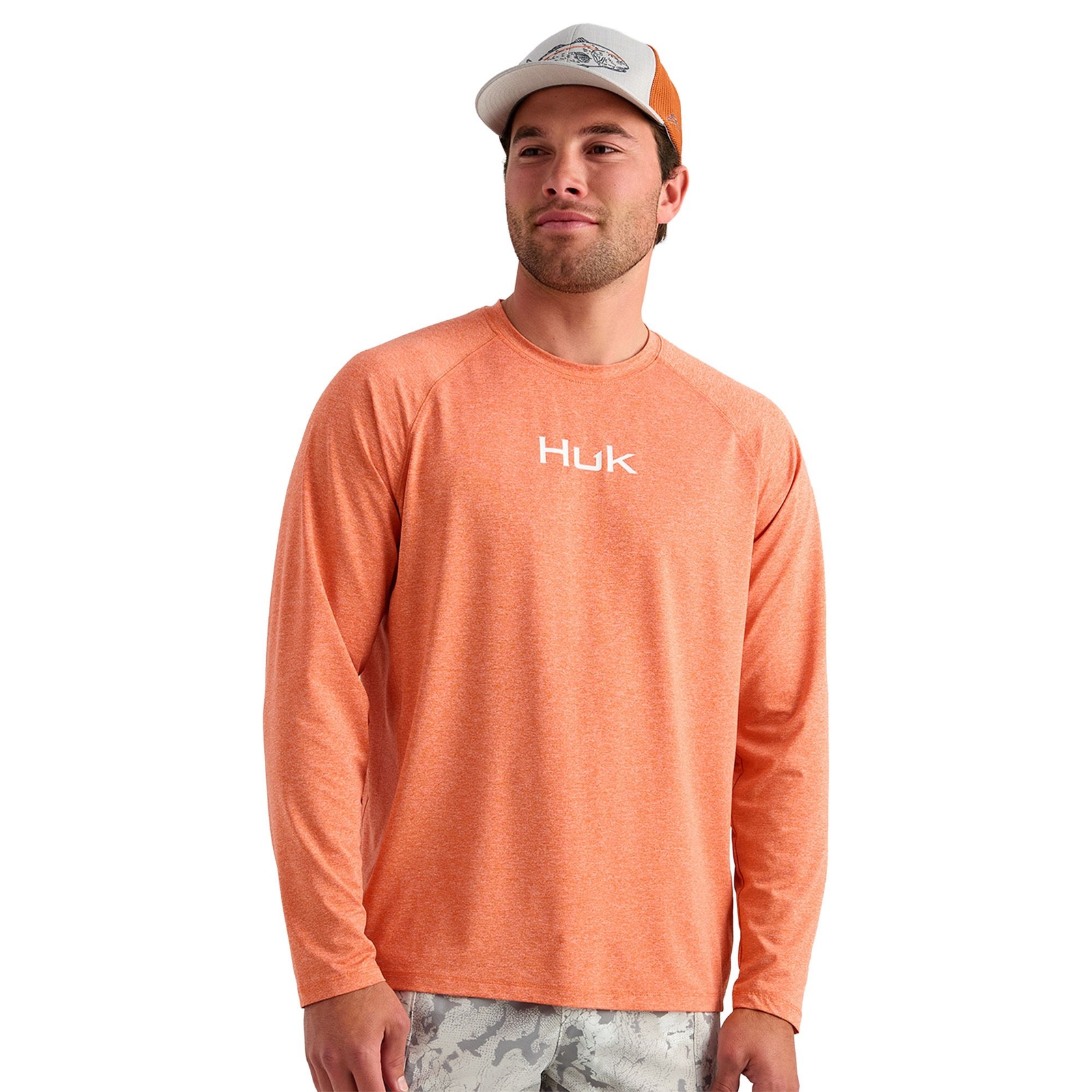 HUK Men's Airweight LS Crew (Size XL) Dusty Orange Heather, Polyester,Spandex