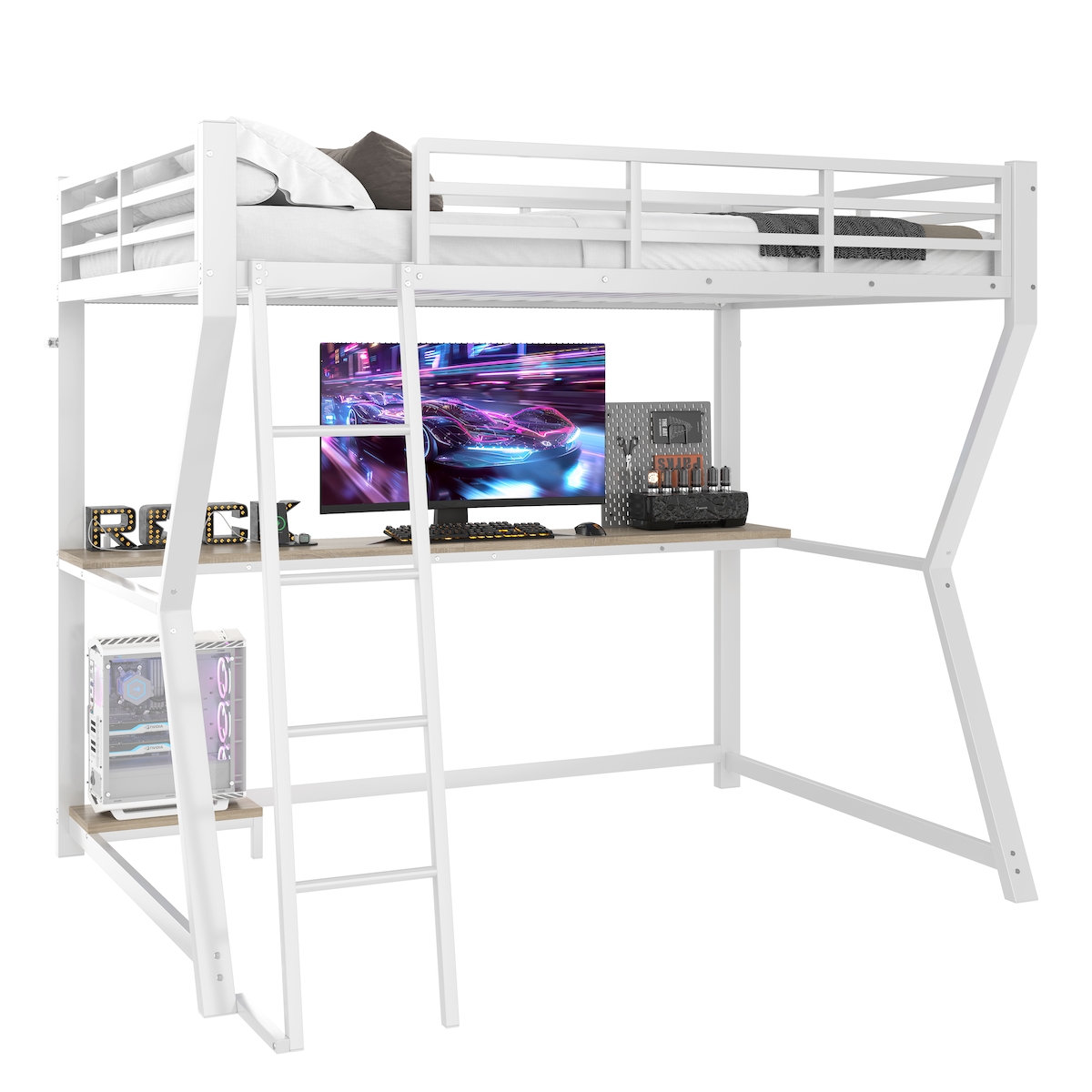 STILVORA Hochbett 90x200 mit LED-Beleuchtung, Schreibtisch, Computerkonsolenablage, USB-Anschlüssen und Steckdosen, Geländer, Metall MDF, modern, weiß Image