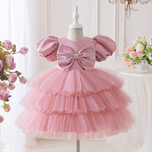 Kinder Mädchen Partykleid Einfarbig Kurzarm Besonderer Anlass Geburtstag Prinzessin Süß Polyester Knielang Partykleid Sommer Frühling Herbst Kinder Rosa Image