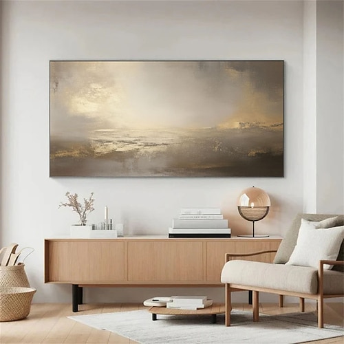 Ölgemälde, Goldmalerei, handgemalt, Vintage, gedeckte Landschaftsmalerei, großes beiges Wandbild, abstrakte Meereslandschaft auf Leinwand, handgemaltes Landschaftsgemälde, rustikale Dekoration Image