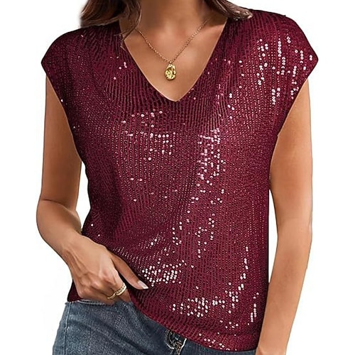 Damen T Shirt T-Shirt Pailletten Einfarbig Elegant Mode Stilvoll Kurzarm V Ausschnitt Normale Oberteile Täglich Ausgehen Wochenende Blau Schwarz Rosa Wein Khaki Sommer Frühling Image