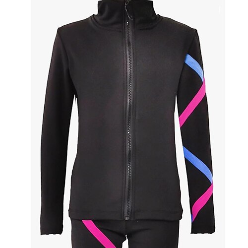 Eiskunstlauf-Fleecejacke für Damen und Mädchen, schwarz, pink, blau, dehnbar, Trainings- und Wettkampfbekleidung, wärmend, mit Kristall-/Strasssteinen, langärmlig, für Eiskunstlauf Image