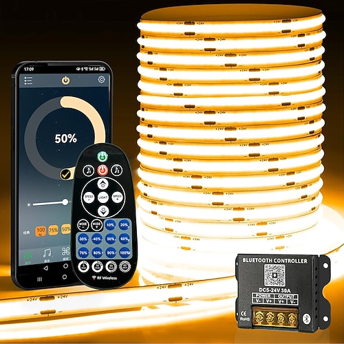 Intelligente COB-LED-Streifen mit Timer, Musiksynchronisation, Funkfernbedienung und App-Dimmfunktion, 5–20 m lang, 3000–6500 K, ideal für Schlafzimmer, Wohnzimmer, TV-Schrank, optional mit Image