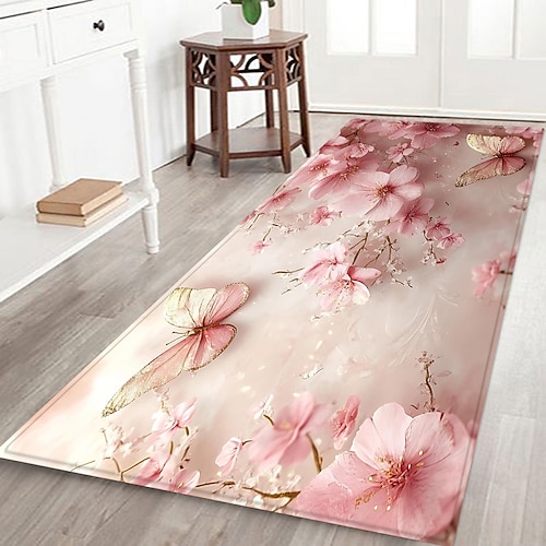 Flurläufer mit Pflanzen- und Blumenmuster, Flanellstoff, bedruckt, rutschfest, weich, Bodenmatte für Zuhause, Eingangsbereich, Badezimmer Image