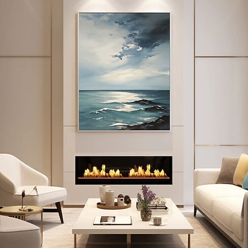 Abstraktes Gemälde, handgefertigt auf Leinwand, 100 % handgemaltes Ölgemälde, Sonnenaufgang, Meereswellen, Landschaft, strukturiertes Kunstwerk, originelles abstraktes extra großes Wandbild für Image