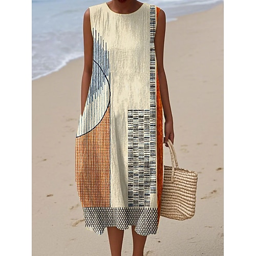 Damen Midi Kleid Leinenähnliches Strandkleid Shift Kleid A Linie Kleid Urlaub Lässig Boho Strand Ausgang Lockerer Schnitt Graphic Geometrisch Ärmellos Rundhalsausschnitt Blau Rot Braun Grün Sommer Image