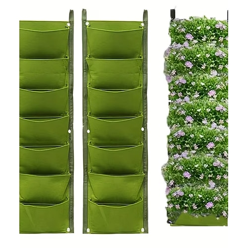 2er-Set vertikale Hängepflanzensäcke mit 7 Fächern, für drinnen und draußen, zur Wandmontage, klassisch und leicht, ideal für Balkon, Garten und als Dekoration. Geeignet für Blumen, Sukkulenten und Image
