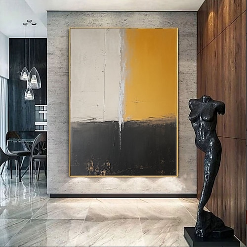 Großes abstraktes Ölgemälde, handgemalt in warmen Acrylfarben auf Leinwand, originelles gelbes und schwarzes Leinwandbild, moderne minimalistische Wandkunst für Wohnzimmer und Zuhause Image
