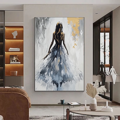 Handgemaltes abstraktes Ölgemälde einer Ballerina mit Textur, figurative Darstellung eines tanzenden Mädchens, Wandbild, extra großes grau-goldenes Gemälde, impressionistisches dekoratives Ölgemälde Image