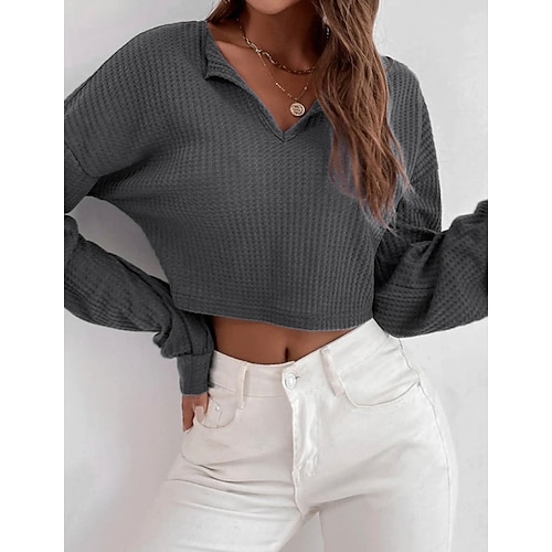 Damen T Shirt Waffelstricktops Einfarbig Mode Sexy Langarm V Ausschnitt Hemdkragen Crop Tops Täglich Ausgehen Wochenende Schwarz Königsblau Grau Frühling Herbst Image