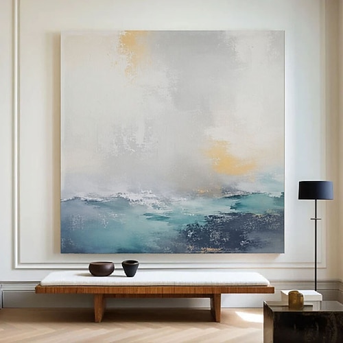 Originalgemälde, handgemaltes abstraktes Ölgemälde mit weißem Wellenmuster, großes Himmel- und Meeresbild, Meereslandschaft, Schlafzimmerbild auf blauer Leinwand Image