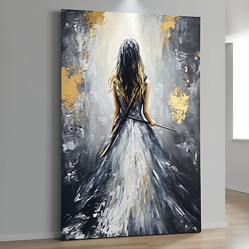 Handgemaltes abstraktes Ölgemälde einer Ballerina mit Textur, figurative Darstellung eines tanzenden Mädchens, Wandbild, extra großes grau-goldenes Gemälde, impressionistisches dekoratives Ölgemälde Image