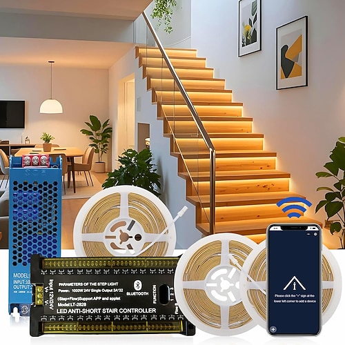 Intelligentes, per Bluetooth-App gesteuertes LED-Treppenbeleuchtungsset mit Bewegungsmelder, bestehend aus 12–32 LED-Streifen (1,25 m), die individuell kürzbar sind, inklusive Schalter und Image
