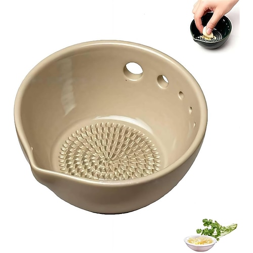 Handgefertigte Kräuterschale mit Knoblauchreibe, 2-in-1-Kräuterschale aus Keramik mit 5 Löchern, multifunktionale Kräuterschale mit integrierter Knoblauchreibe für die Zubereitung von Kräutern in der Image