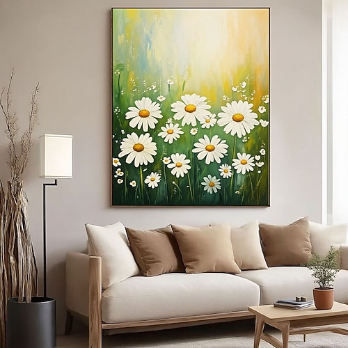 Ölgemälde, handgemalt auf Leinwand, Wildblumenwiese, strukturiertes Gänseblümchenfeld, Wandkunst, Frühlingsblumen-Wandkunst, handgemaltes Naturkunstwerk, Wohnzimmerwandkunst Image