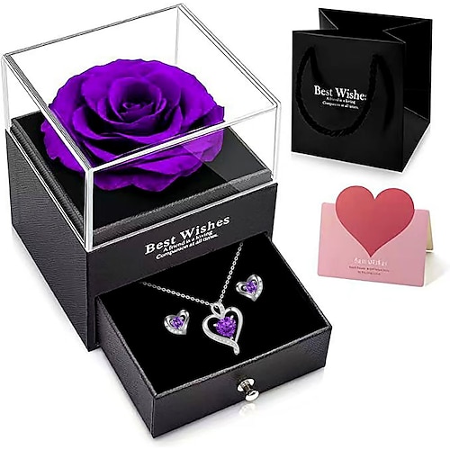Geschenkidee mit konservierten Blumen für Mama von Sohn oder Tochter, inklusive Halskette mit 4 Rosen und Herz. Ideales Geschenk zum Geburtstag, Muttertag, Valentinstag, Weihnachten, für Oma, für Image