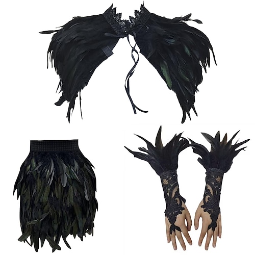 Karneval 2026 Rio Karneval Samba Zubehör 3Teile Damen Feder Kostüm Set Gothic Feder Umhang Minirock Lange Spitzen Handgelenk Manschetten Brasilien Festival Aufführung Kostüm Image