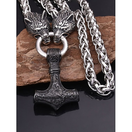 Wikinger-Halskette für Herren, aus einer Legierung gefertigt, mit Wolfskopf- und Thorshammer-Motiv, einzigartiger nordischer Schmuck für Freizeit und Partys Image