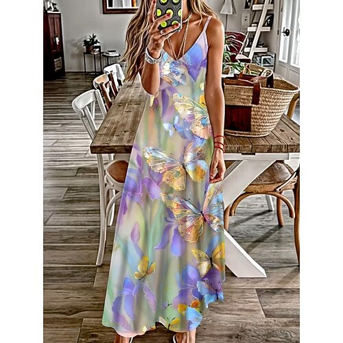 Damen Maxikleid Sommerkleid A Linie Kleid Unterkleid Urlaub Lässig Boho Strand Lässiger Schnitt Grafik Geometrisch Graffiti Ärmellos V Ausschnitt Blau weiß Blau Gelb Rote Sommer Frühling Image