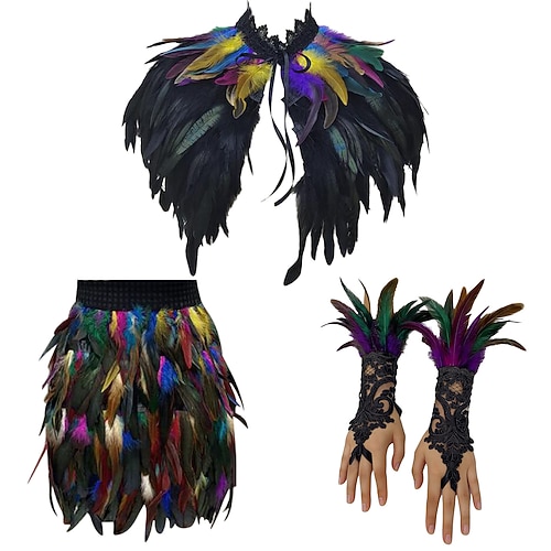 Karneval 2026 Rio Karneval Samba Zubehör 3Teile Damen Feder Kostüm Set Gothic Feder Umhang Minirock Lange Spitzen Handgelenk Manschetten Brasilien Festival Aufführung Kostüm Image