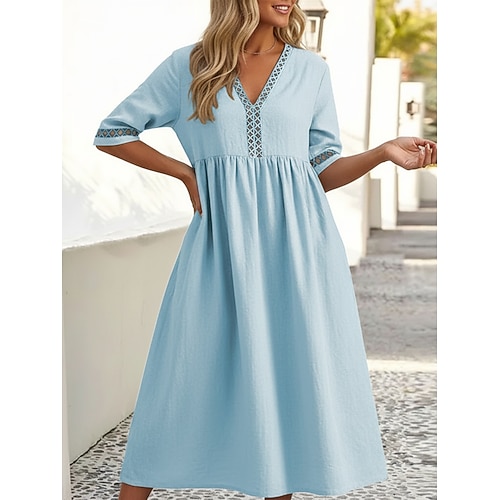 Damen-Midikleid aus 100 % Baumwolle, Baumwoll-Leinen-Kleid, Etuikleid, modisch, modern, für Outdoor, Urlaub, Ausgehen, lockere Passform, schlicht, halbe Ärmel, V-Ausschnitt, Neongelb, Weiß, Rosa, Grün, Sommer, Frühling Image