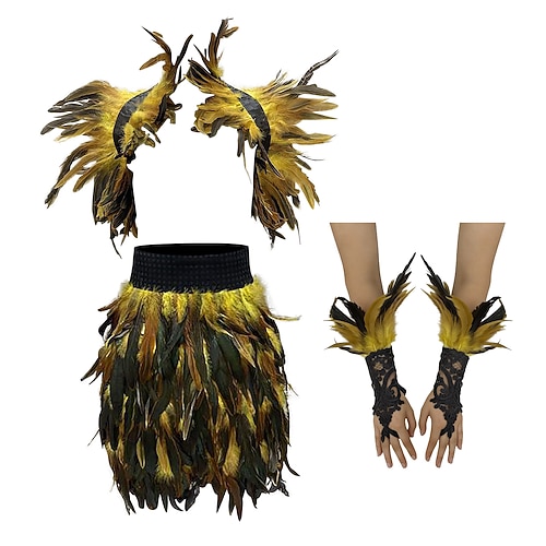 Karneval 2026 Rio Karneval Samba Zubehör 3Teile Damen Rot Feder Kostüm Set Gothic Schulterumhang Minirock Spitzenhandschuhe Brasilien Festival Aufführung Kostüm Image