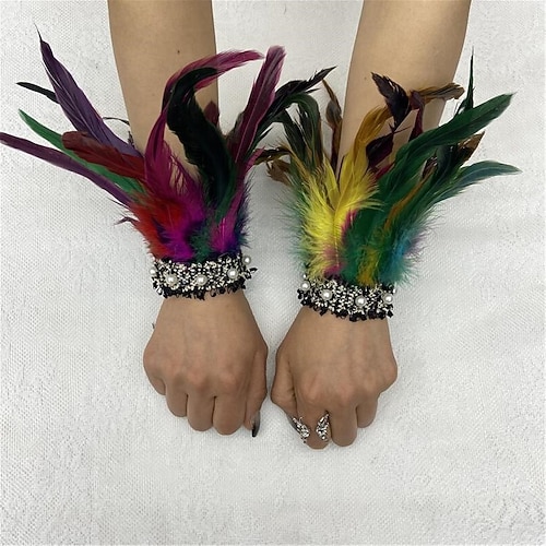 Karneval 2026 Rio Karneval Samba Zubehör Damen Schwarz Feder Handgelenk Manschetten mit Perlen Spitze 1 Paar Natur Feder Handgelenk Armbänder Brasilien Festival Aufführung Kostüm Image