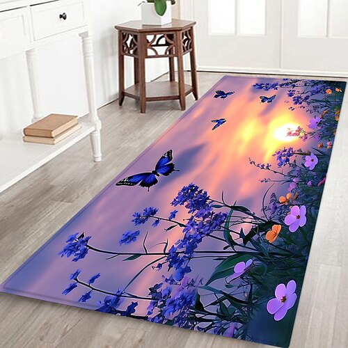 Flurläufer mit Pflanzen- und Blumenmuster, Flanellstoff, bedruckt, rutschfest, weich, für Eingangsbereich, Badezimmer Image