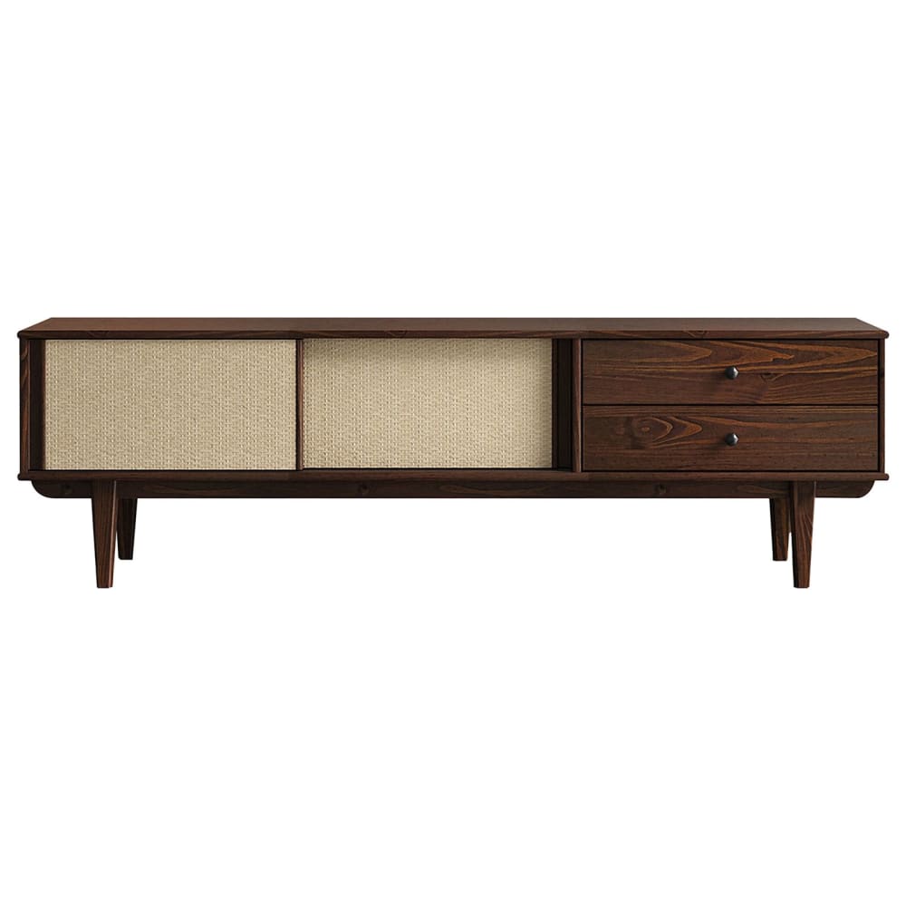 Meuble TV 175 cm 2 portes en bois massif et rotin, coloris noyer