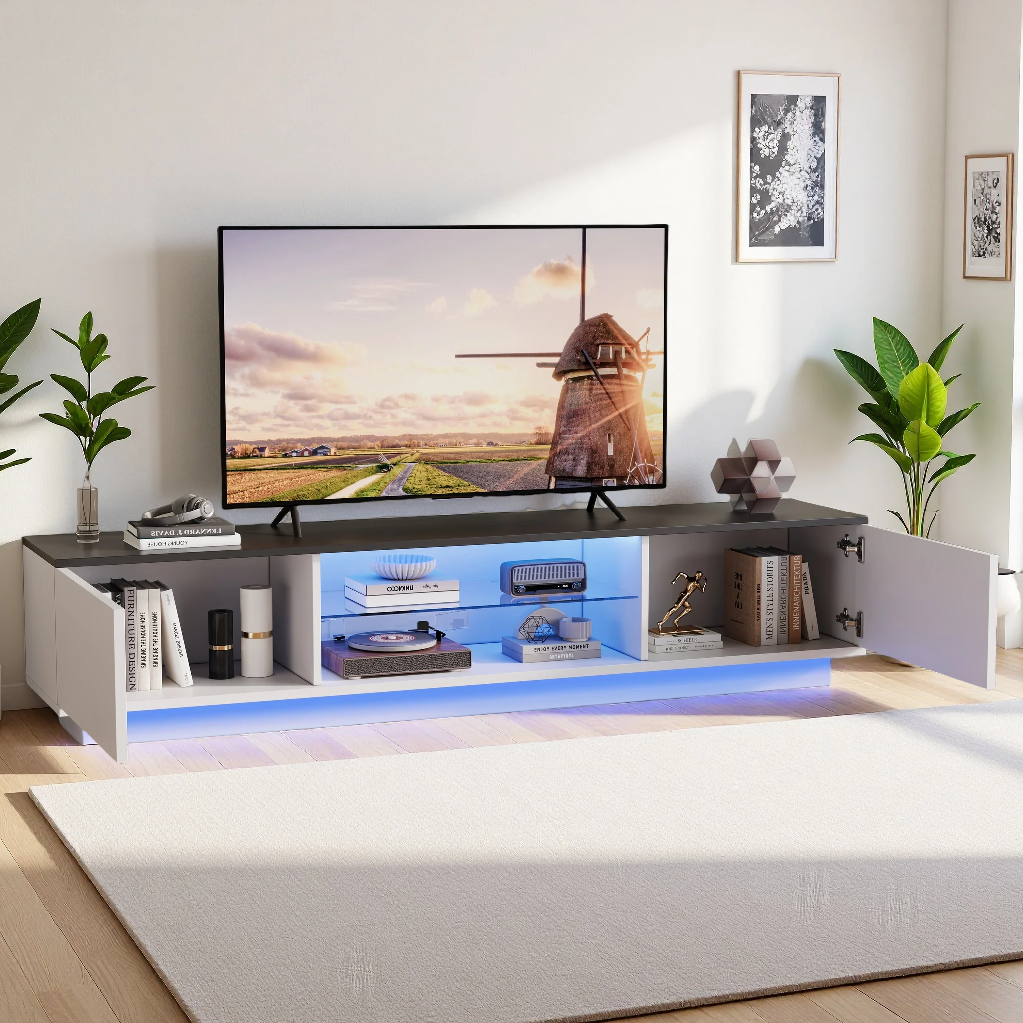 Meuble TV avec rangements ouverts, meuble TV indépendant à 2 portes, meuble bas avec étagères, table TV avec éclairage LED, comm