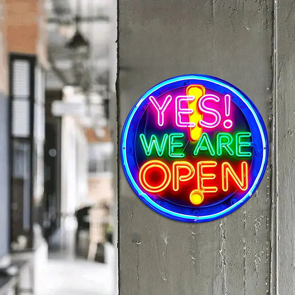 „Yes We Are Open“ Neonschild: Ein runder Vintage-Dekorschild für die Mehrzweck-Wanddekoration in Ihrem Zuhause oder in der Garage Image