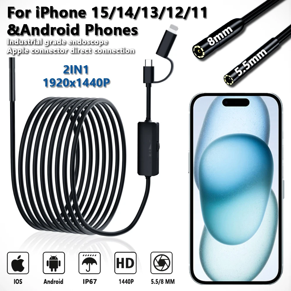 5,5/8mm Endoskop Für Android Iphone & IOS Smartphone Auto Rohr Automotive Boroskop Kanalisation Inspektion Werkzeuge Endoskopie kamera Gerät Image