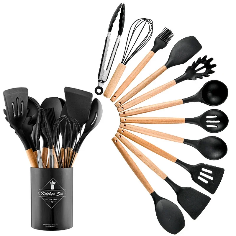 12 pièces ensemble d'ustensiles en Silicone ustensiles de cuisine antiadhésifs spatule pelle batteurs à oeufs manche en bois ustensiles de cuisine cuisine à domicile outils de cuisine
