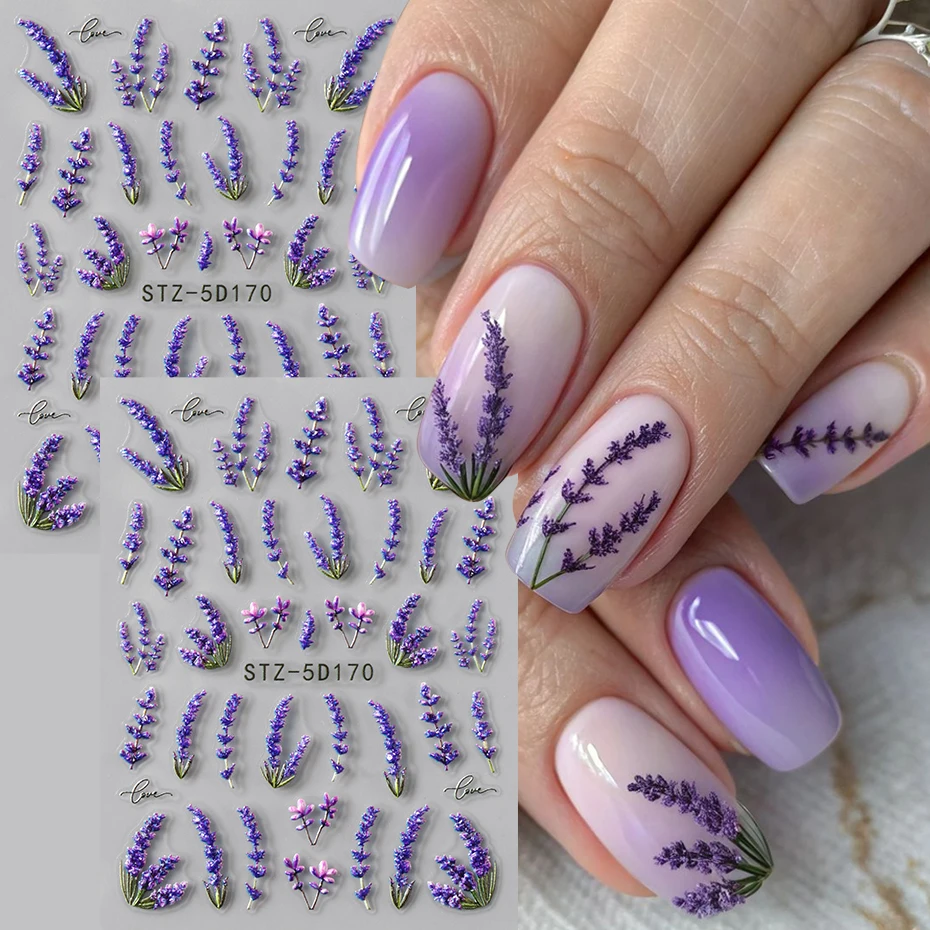 2 Stück 5D-geprägte elegante Lavendelblüten-Nagelaufkleber, helle Blumen, selbstklebende Nagelaufkleber, Frühlings- und Sommerblütenblätter, Nagelzugang Image