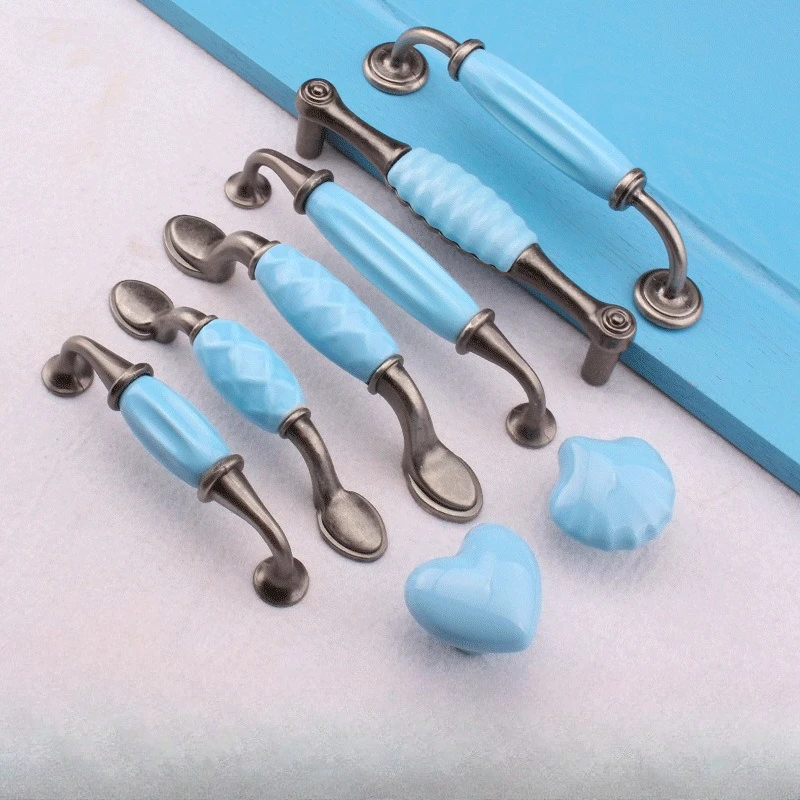 Rustikale Vintage-Möbelgriffe aus Keramik, antike silberne und blaue Griffe für Schränke und Schubladen, Kommoden, Schuhschränke