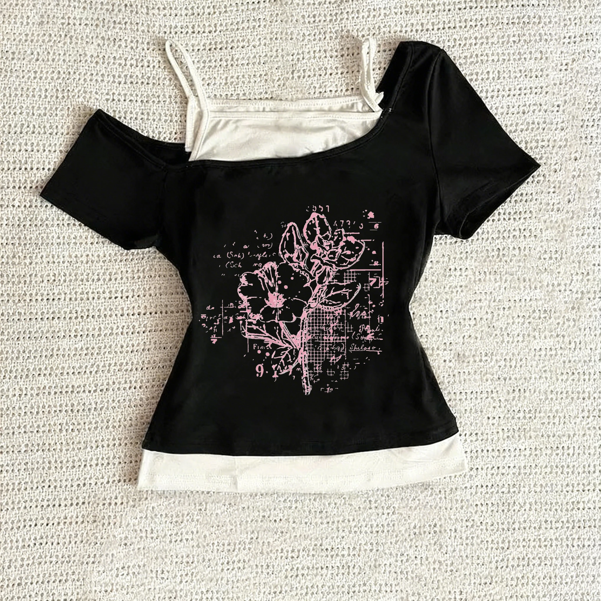 Koreanische Y2K Frühjahr/Sommer Neue Stil Gefälschte Zwei Stück DIY Gedruckt frauen Top Gefälschte Zwei Stück Modische Vielseitig millennium Stil Image