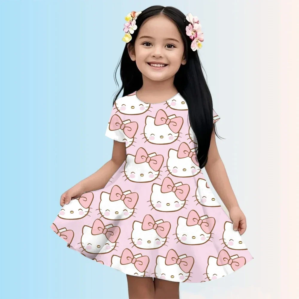 Süßes Mädchen-Kurzarmkleid, süßer Hello-Kitty-Druck, Rock, Sommer, neue Kleidung, originelle Markenkleidung, Kinderschlaf