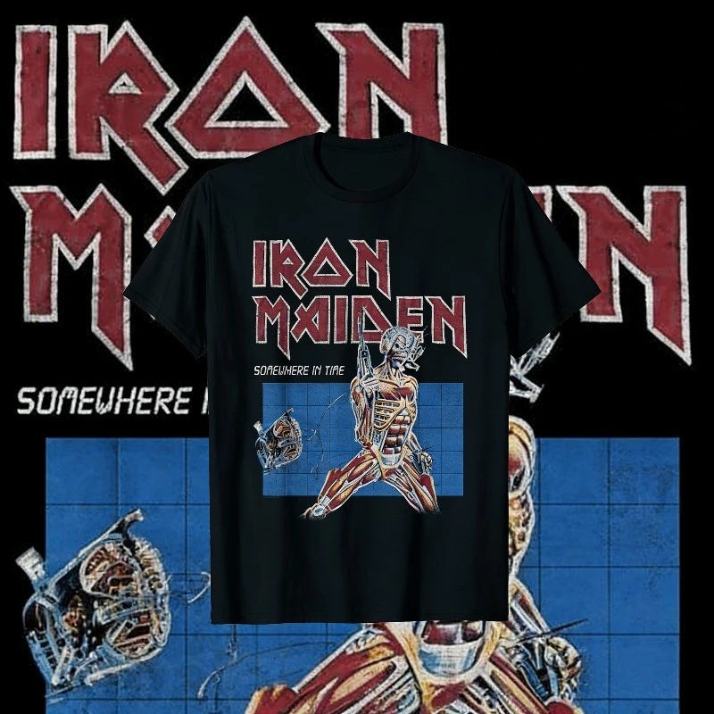 2025 Summer Iron Maiden Somewhere in Time 100 % reine Baumwolle bedrucktes T-Shirt Eddie Cyborg Vintage Rock Band Tee MOTO