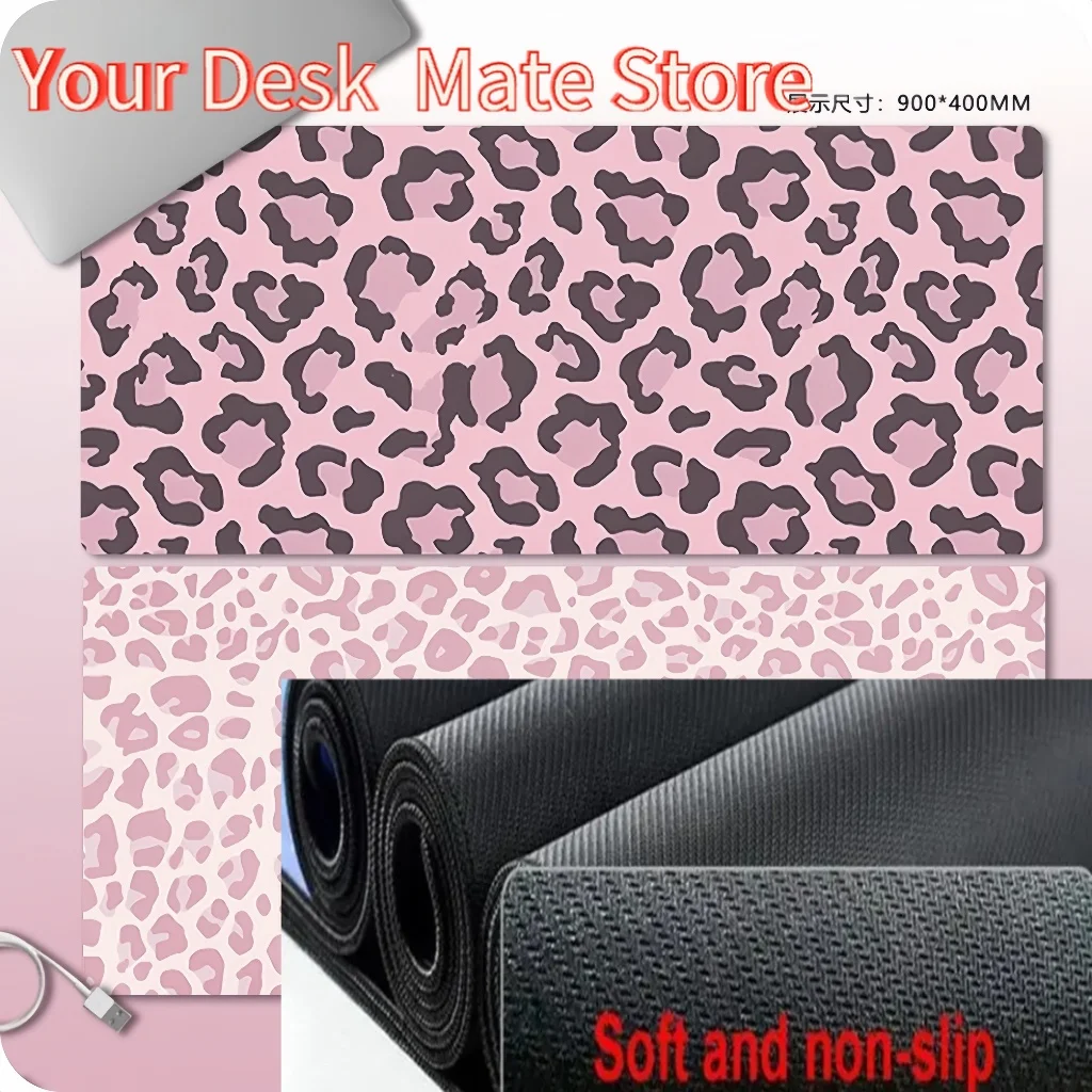 Rosa Mauspad mit Leopardenmuster, HD-Druck, große Naht, wasserdichtes Mauspad, rutschfestes Gaming-Mauspad Image