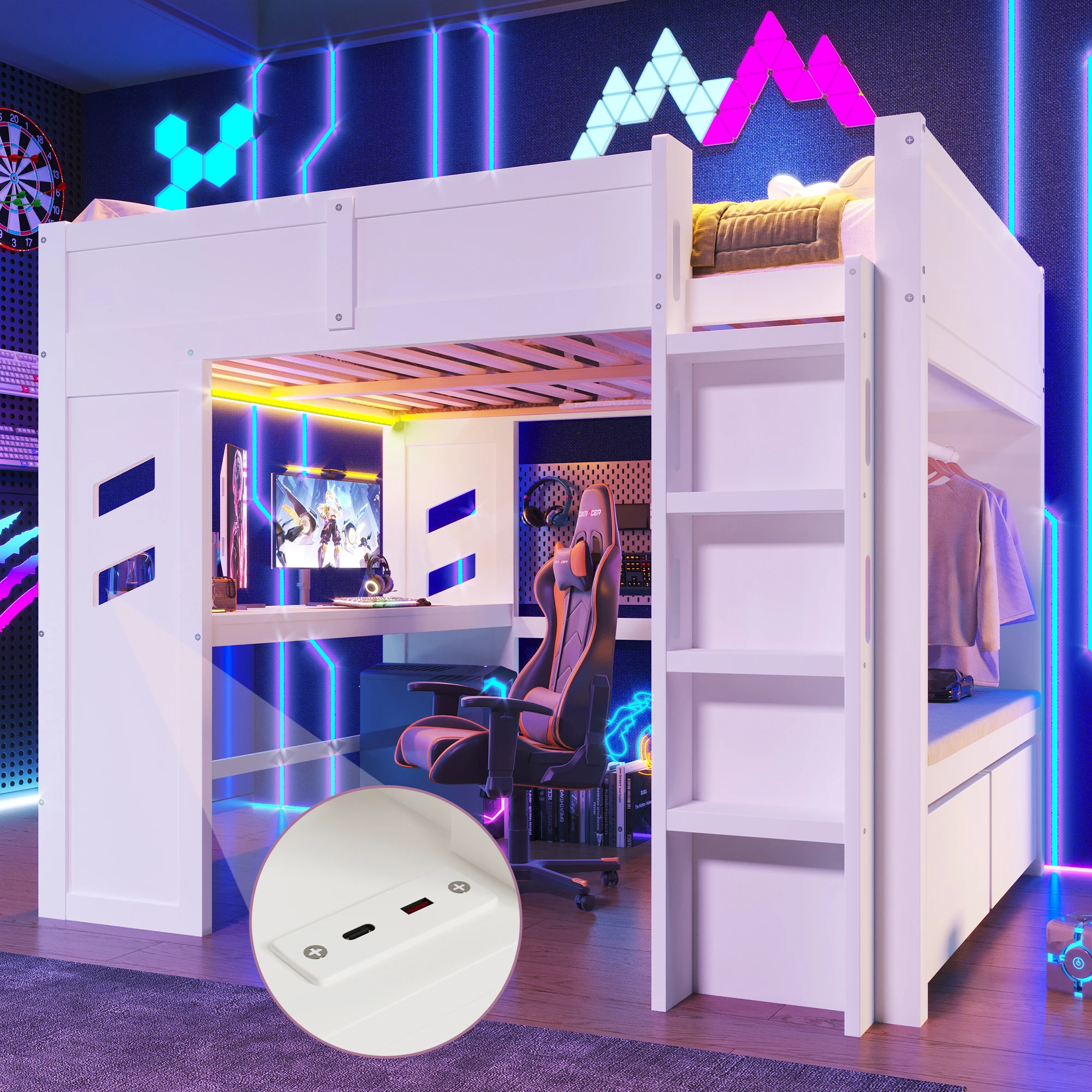 Gaming Hochbett 140x200cm, weiß. Schreibtisch inkl. LED, USB/Typ-C Anschlüsse, Schublade & Wäscheständer. Ohne Matratze.