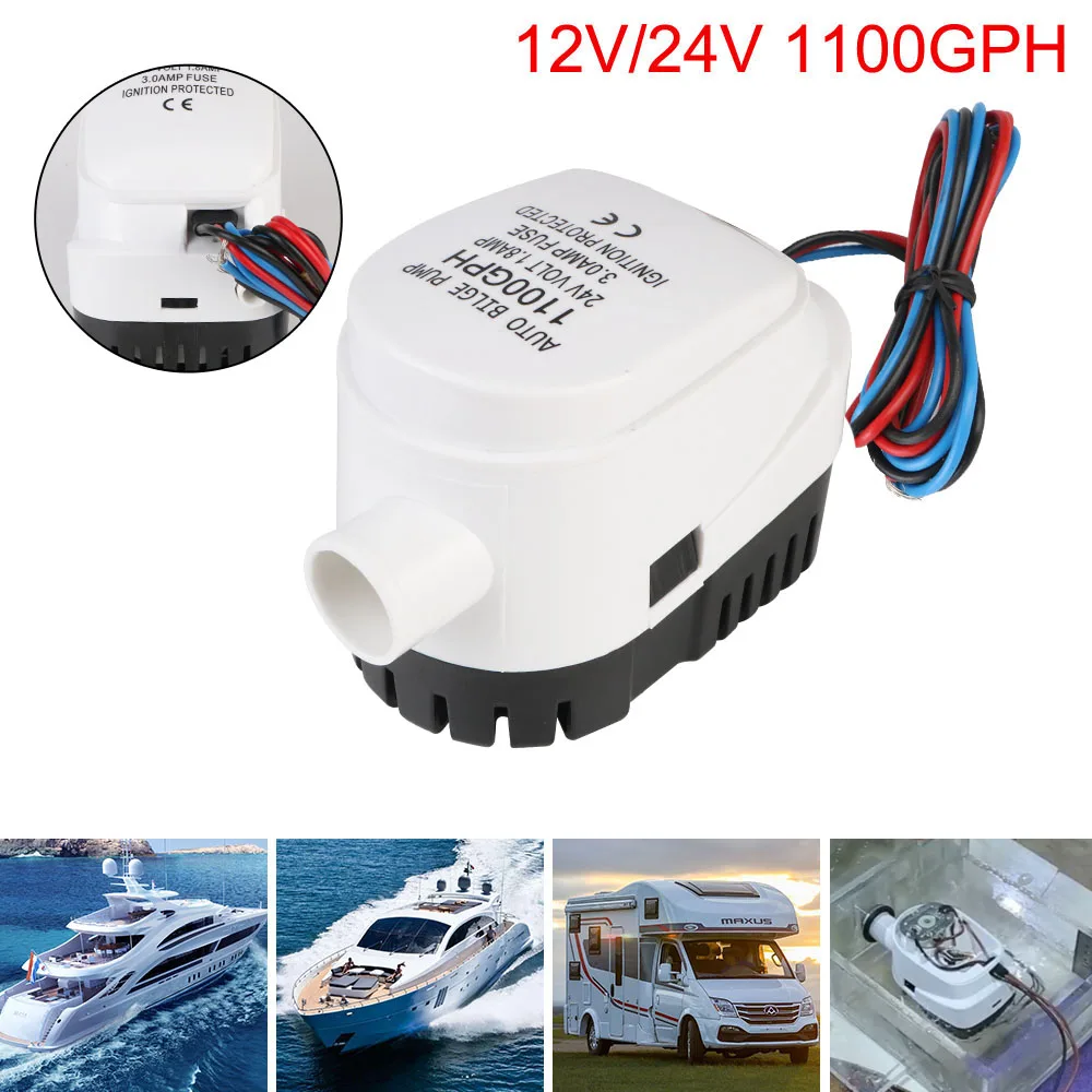 Automatische Bilgenpumpe für Boote, DC 12 V/24 V, automatisch, klein, mit Sicherung, Tauchwasser, elektrische Pumpe, Motor, Wasserflugzeug, Yacht, Boot, 1100 GPH, Volt Image