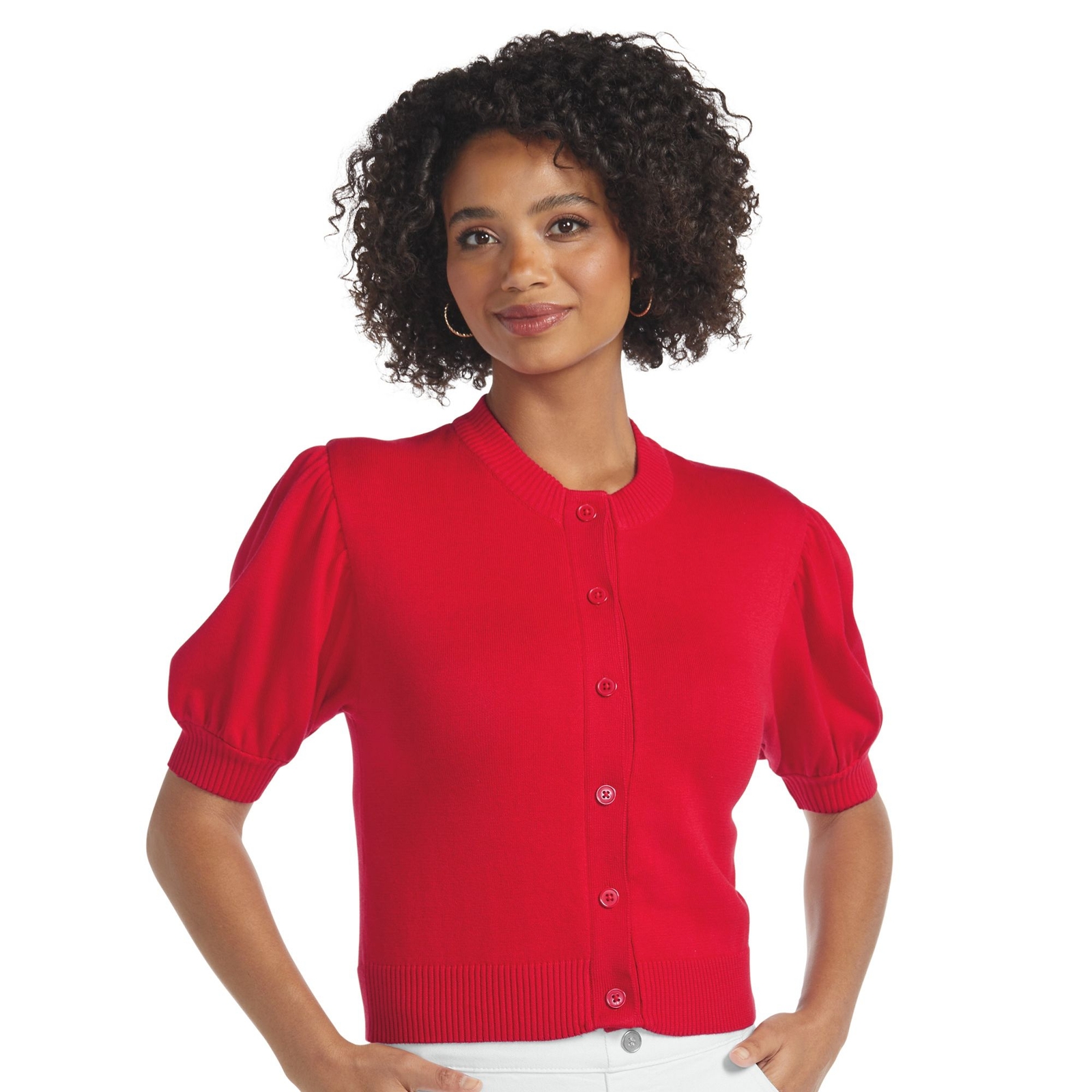 Masseys Puff Sleeve Sweater Cardigan (Size 2X) Cherry Red, Cotton